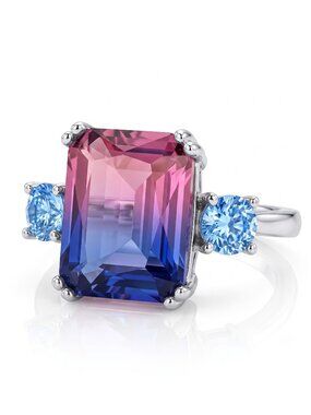 Pink & Purple Emerald Cut Gemstone Ring, 925 Sterling Silver Charmed Aroma